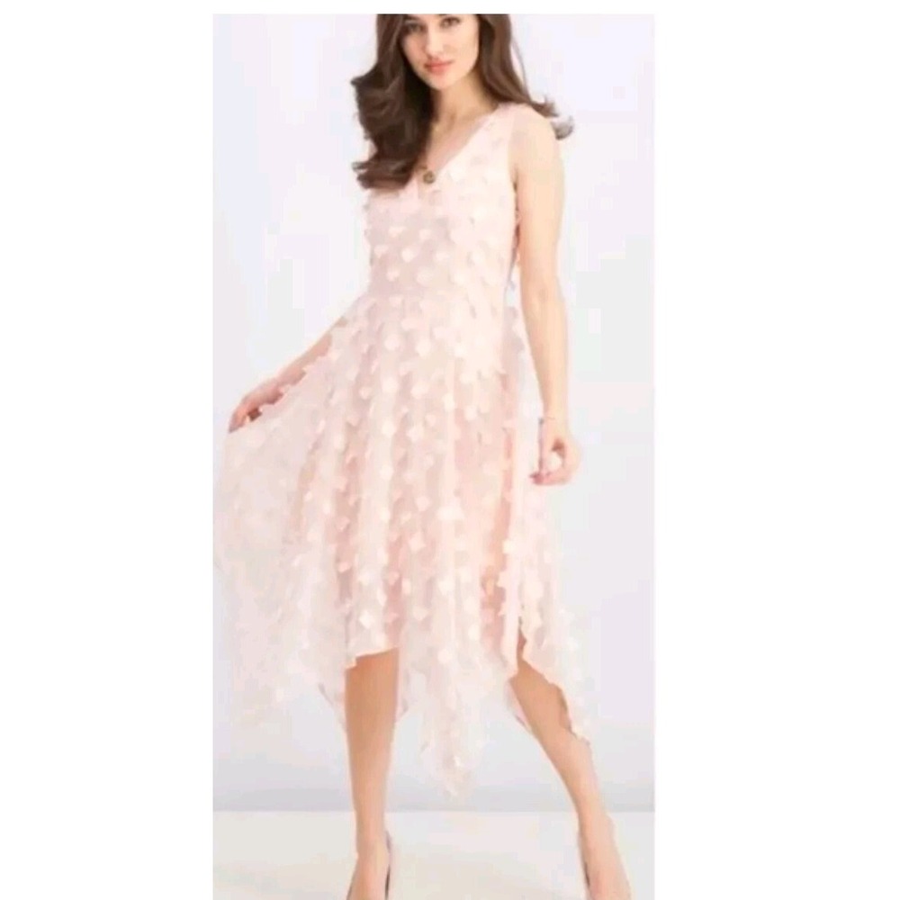 Kensie Pink 3D Floral Applique Handkerchief Hem V-Neck Midi Dress Size 10